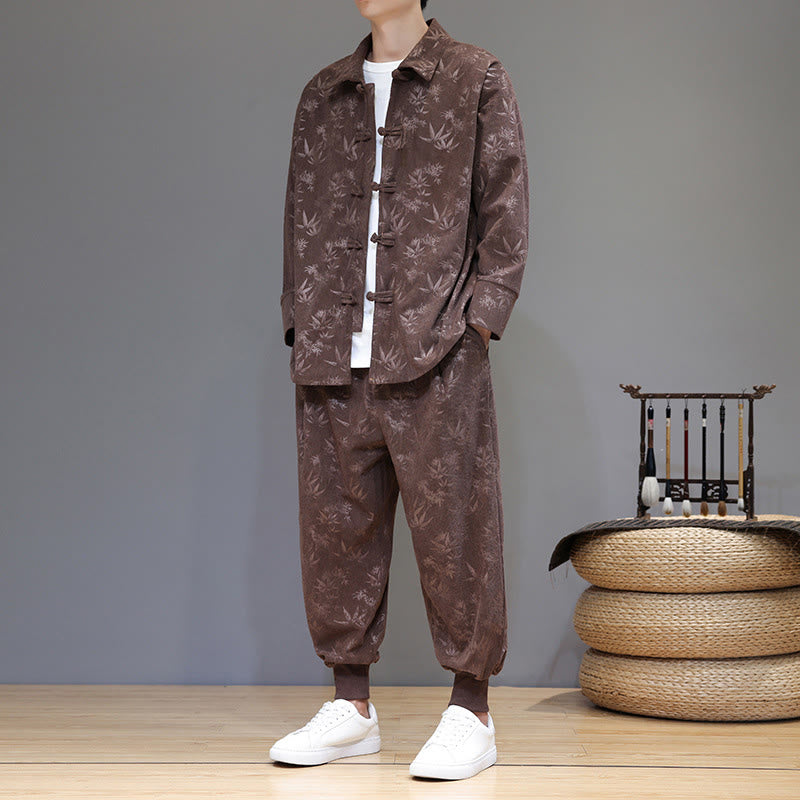 Conjunto de 2 Buddha Stones de traje Tang de bambú grueso de invierno para hombre, de pana de algodón con botones de rana, chaqueta de manga larga y pantalones con bolsillos. - image 38