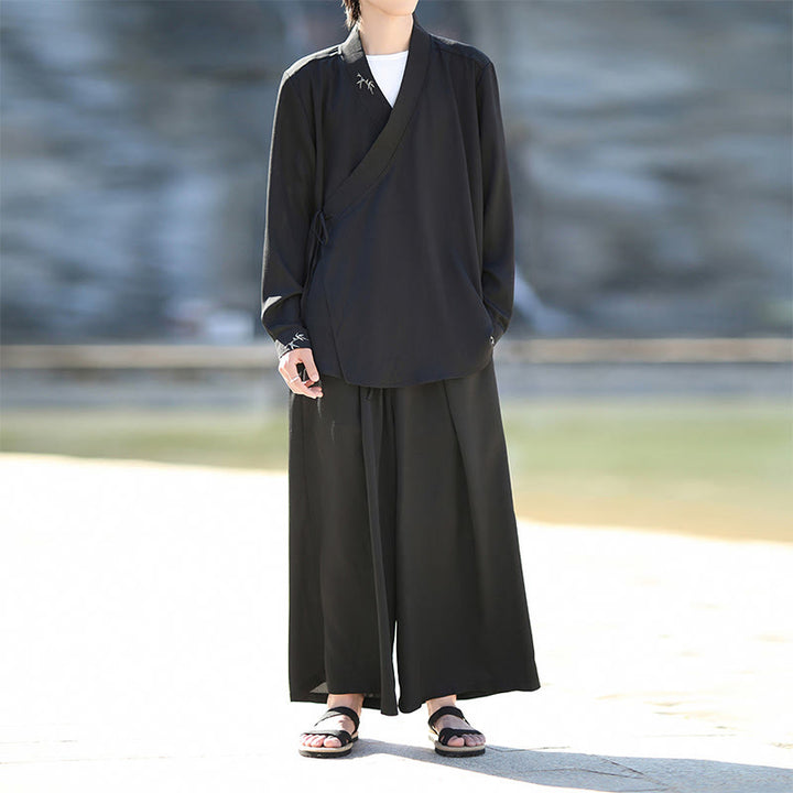 Conjunto de 2 piezas de kimono de algodón con bordado de bambú y cordones Buddha Stones, pantalones hasta los tobillos con bolsillos, ropa de meditación para hombre - Negro - US/UK/AU46, EU56 (5XL) - image 0