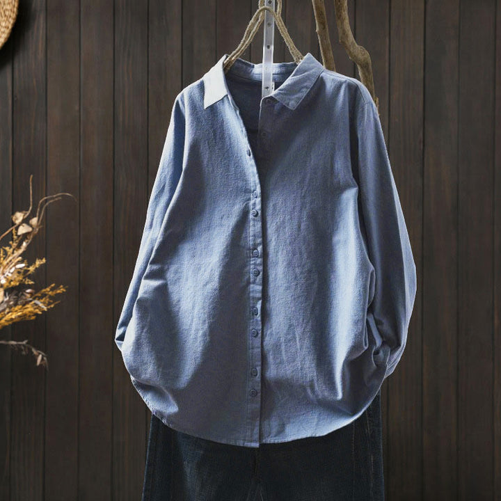 Camisa de algodón de manga larga con cuello alto, botones y estampado de Buddha Stones para mujer - Azul cielo claro - US6, UK/AU10, EU38 (L) - image 26