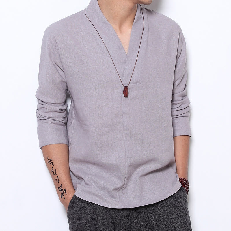 Buddha Stones Camisa casual de manga larga con cuello en V Ropa de hombre de lino - Gainsboro - US/UK/AU44, UE54 (5XL) - image 0