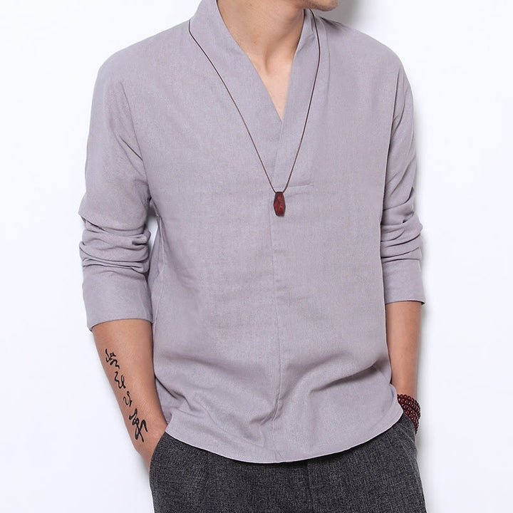 Buddha Stones Camisa casual de manga larga con cuello en V Ropa de hombre de lino - Gainsboro - US/UK/AU44, UE54 (5XL) - image 0