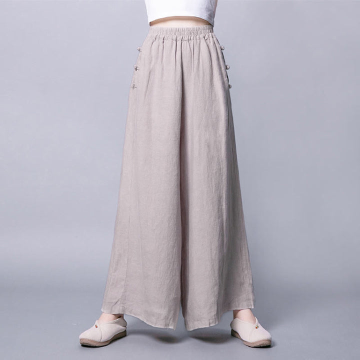 Pantalones casuales de cintura alta, anchos y bolsillos con botones de rana de Buddha Stones - image 5
