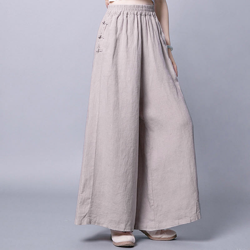 Pantalones casuales de cintura alta, anchos y bolsillos con botones de rana de Buddha Stones - image 1