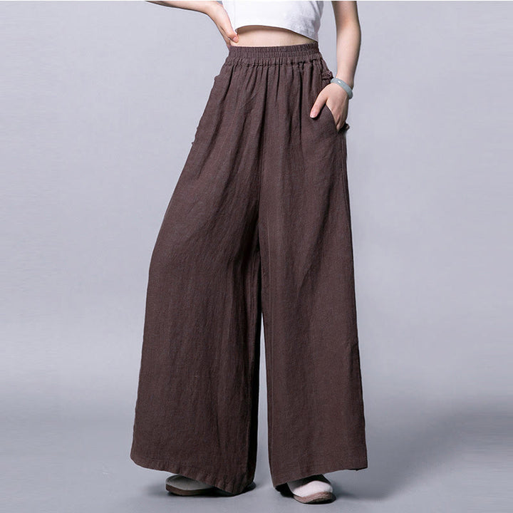 Pantalones casuales de cintura alta, anchos y bolsillos con botones de rana de Buddha Stones - Marrón silla de montar - US12, UK/AU16, EU44 (3XL) - image 9