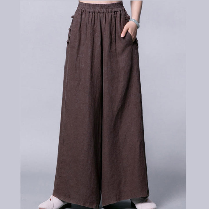 Pantalones casuales de cintura alta, anchos y bolsillos con botones de rana de Buddha Stones - image 10