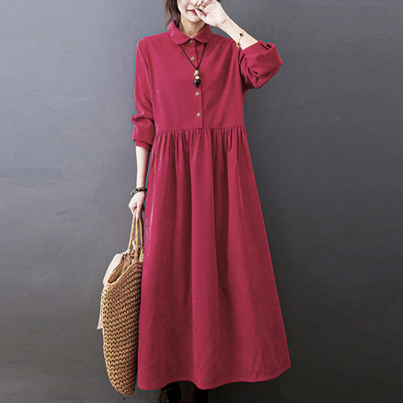 Vestido midi de pana de manga larga con bolsillos, diseño de Buddha Stones y botones otoñales. - Rojo - US8-10，UK/AU12-14，EU40-42 (2XL) - image 9