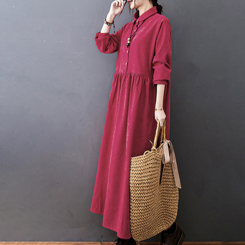 Vestido midi de pana de algodón de manga larga con diseño de Buddha Stones y bolsillos. - image 14