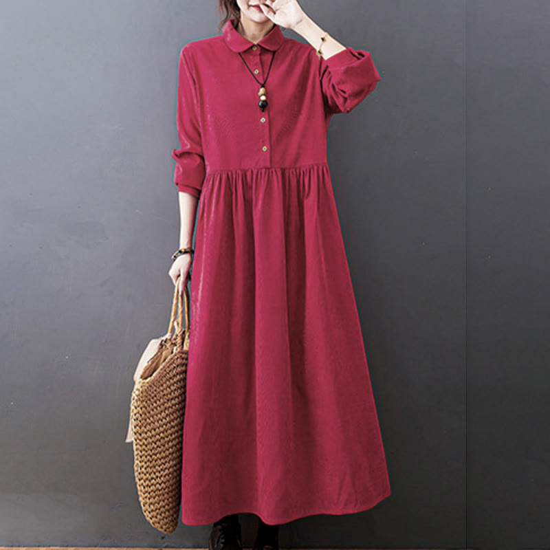Vestido midi de pana de manga larga con bolsillos, diseño de Buddha Stones y botones otoñales. - image 16
