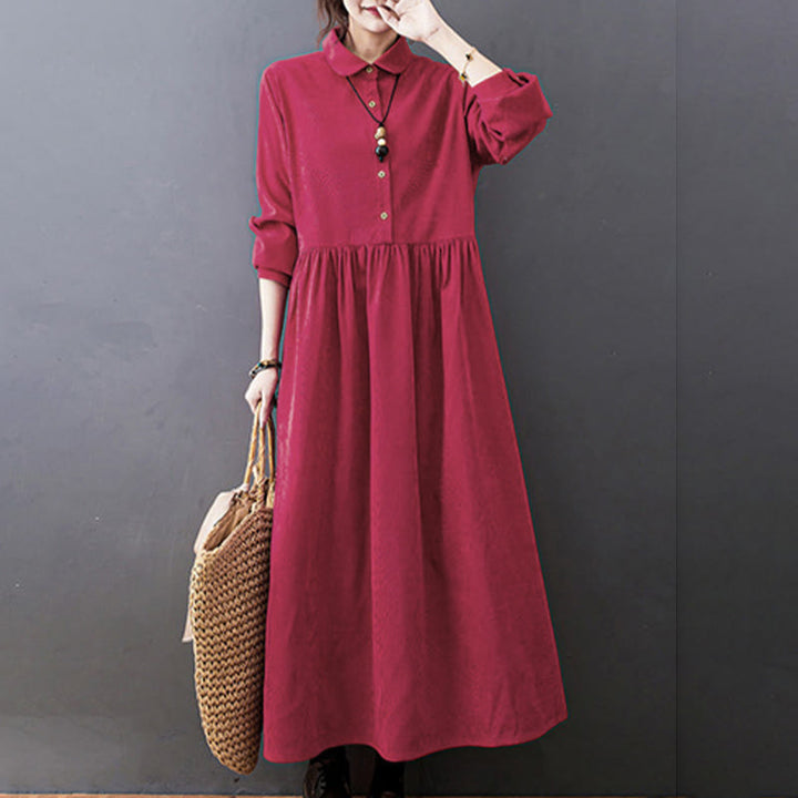 Vestido midi de pana de manga larga con bolsillos, diseño de Buddha Stones y botones otoñales. - image 16