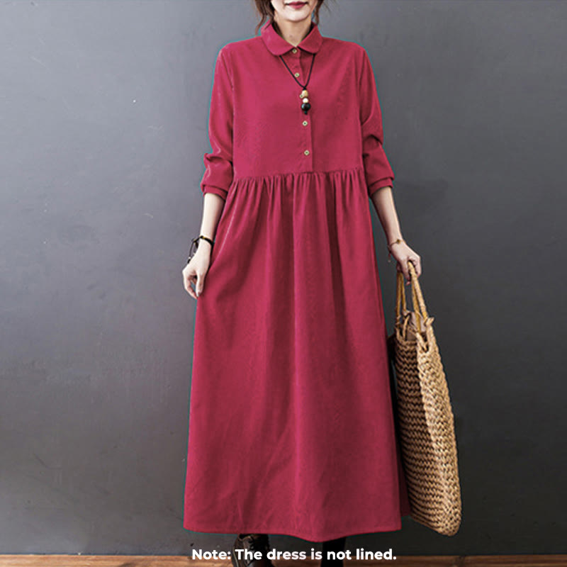 Vestido midi de pana de manga larga con bolsillos, diseño de Buddha Stones y botones otoñales. - image 10