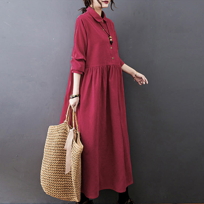 Vestido midi de pana de algodón de manga larga con diseño de Buddha Stones y bolsillos. - image 11