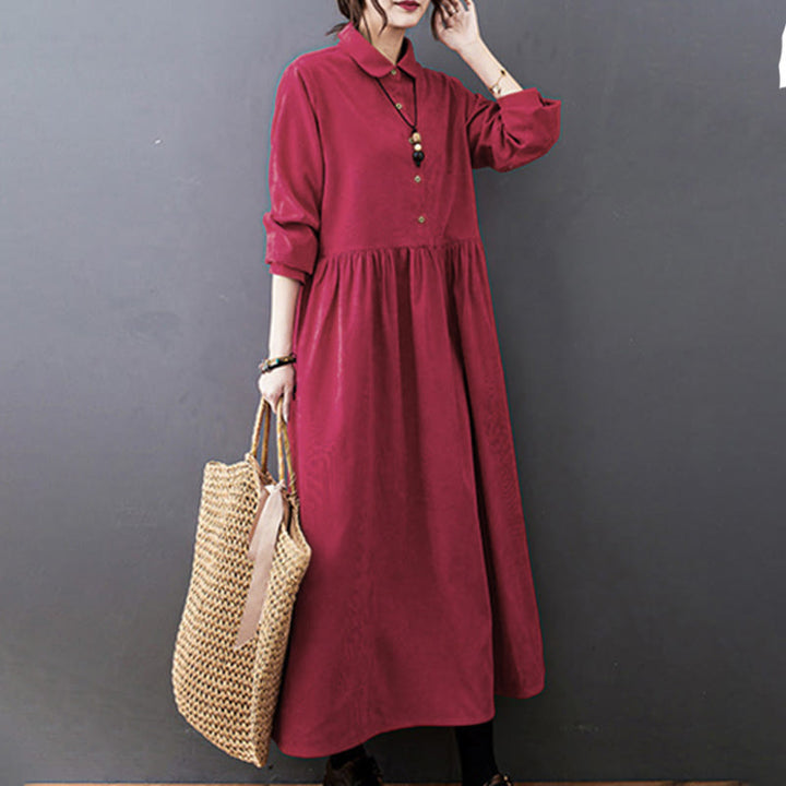 Vestido midi de pana de manga larga con bolsillos, diseño de Buddha Stones y botones otoñales. - image 15