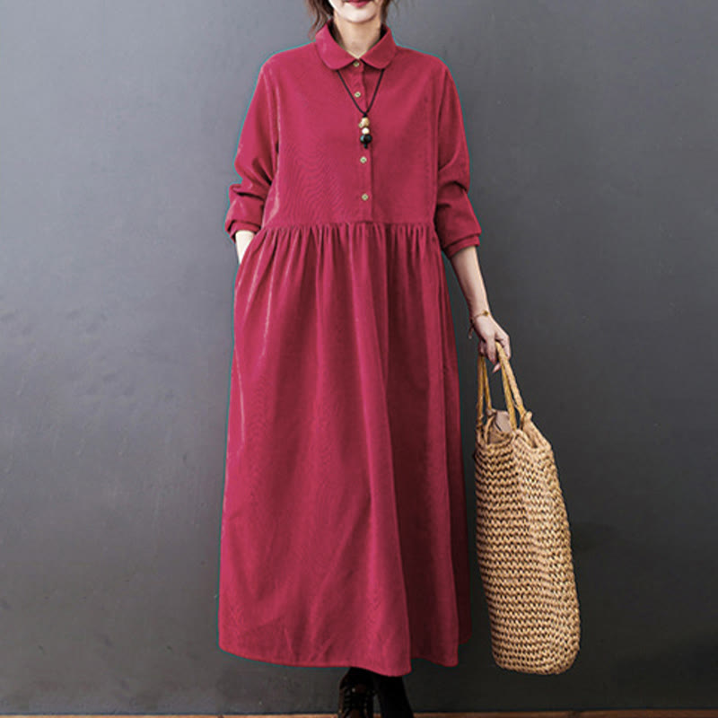 Vestido midi de pana de algodón de manga larga con diseño de Buddha Stones y bolsillos. - image 12