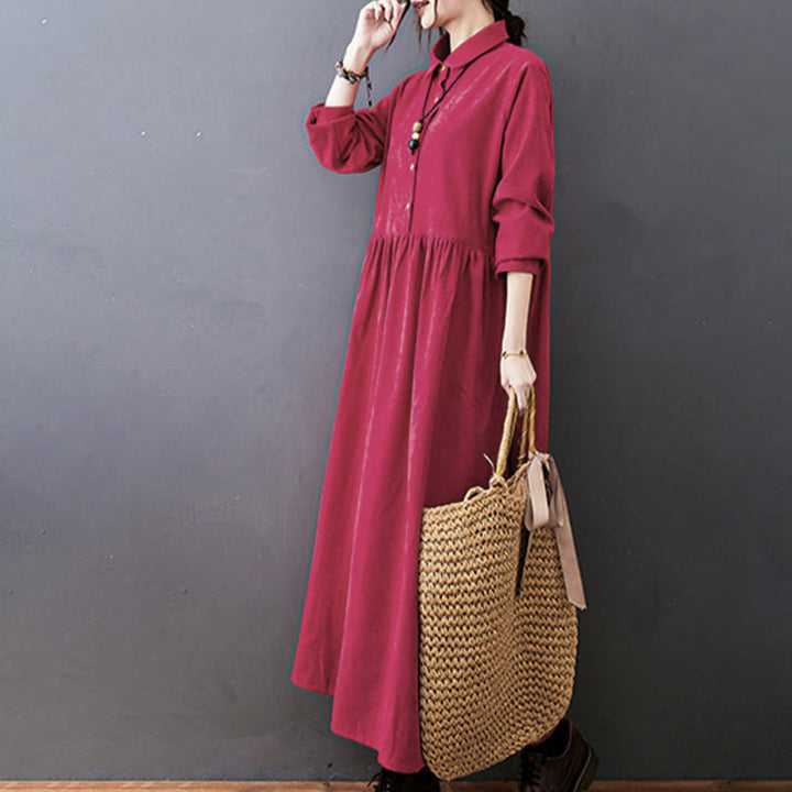 Vestido midi de pana de manga larga con bolsillos, diseño de Buddha Stones y botones otoñales. - image 14