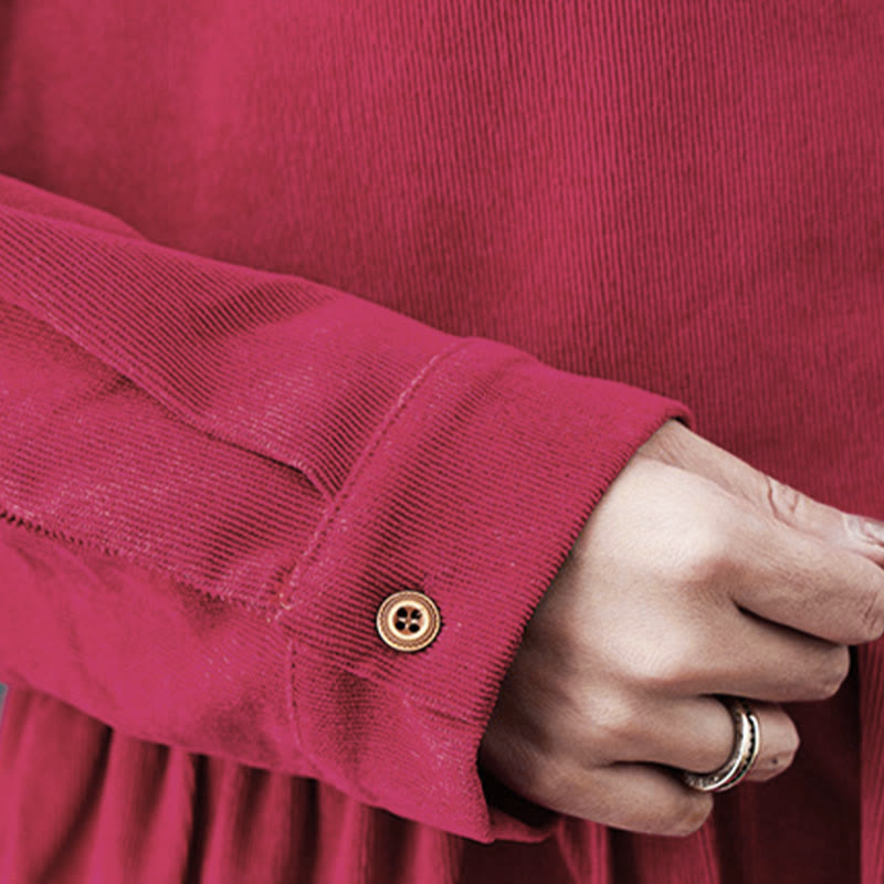 Vestido midi de pana de algodón de manga larga con diseño de Buddha Stones y bolsillos. - image 19