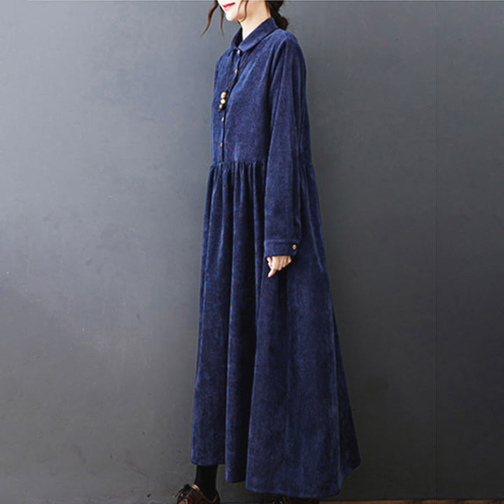 Vestido midi de pana de manga larga con bolsillos, diseño de Buddha Stones y botones otoñales. - image 24
