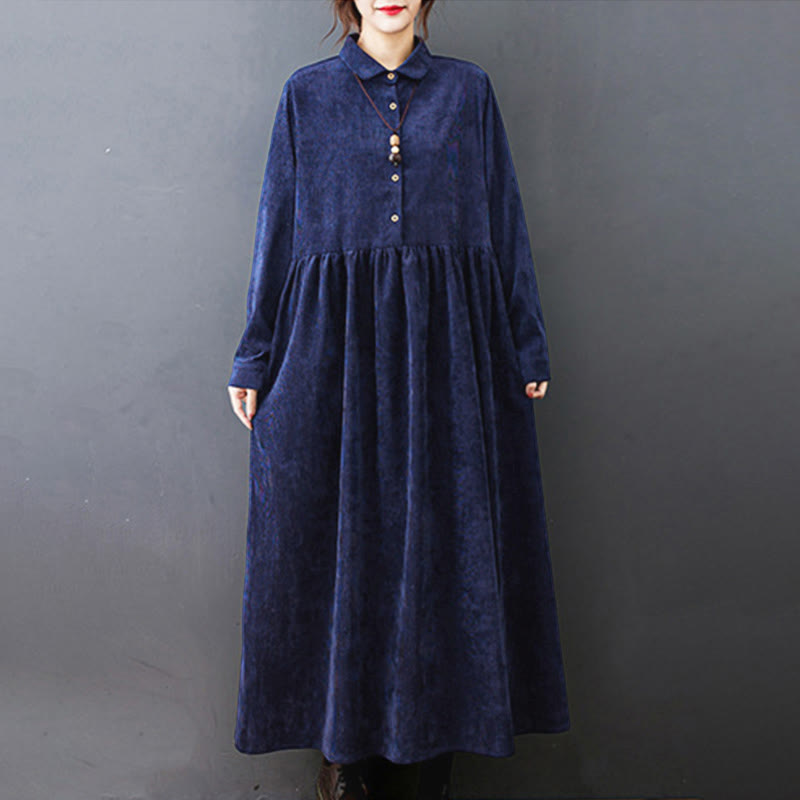 Vestido midi de pana de algodón de manga larga con diseño de Buddha Stones y bolsillos. - image 23