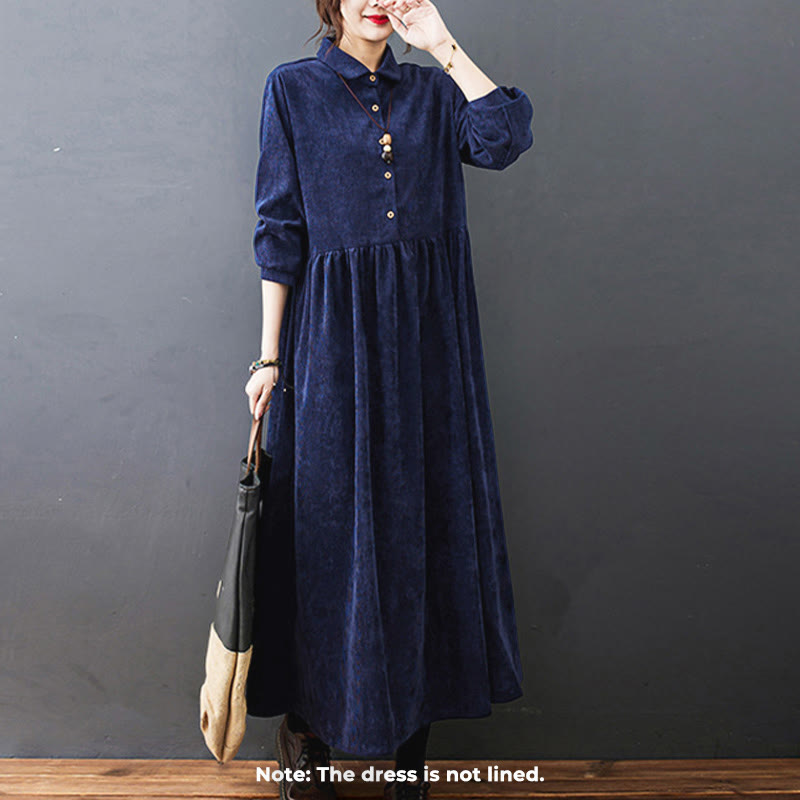 Vestido midi de pana de manga larga con bolsillos, diseño de Buddha Stones y botones otoñales. - image 22