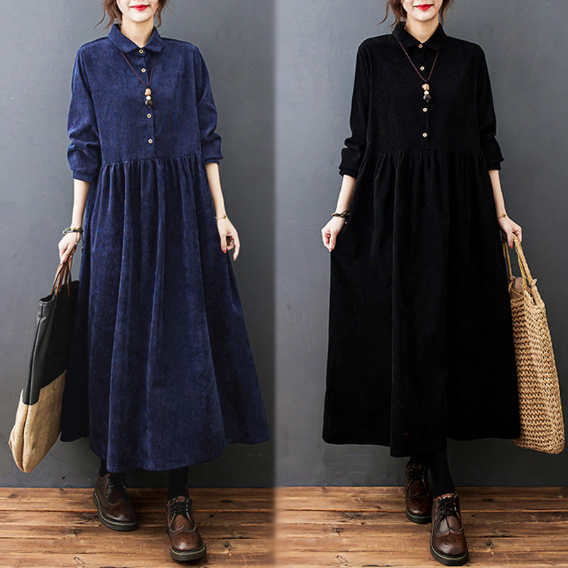 Vestido midi de pana de manga larga con bolsillos, diseño de Buddha Stones y botones otoñales. - image 27