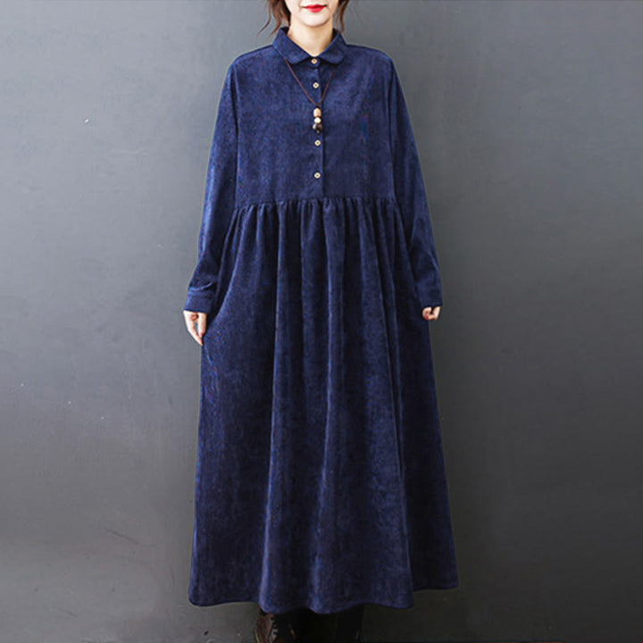 Vestido midi de pana de manga larga con bolsillos, diseño de Buddha Stones y botones otoñales. - image 23