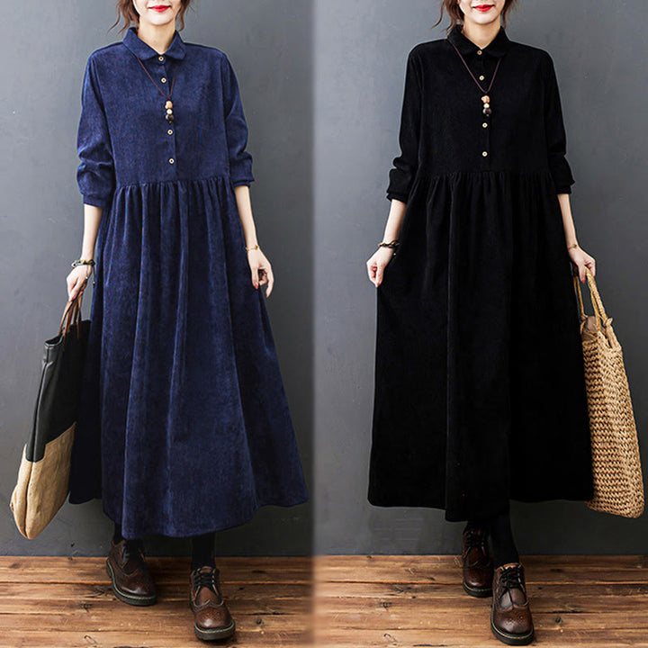 Vestido midi de pana de algodón de manga larga con diseño de Buddha Stones y bolsillos. - image 27