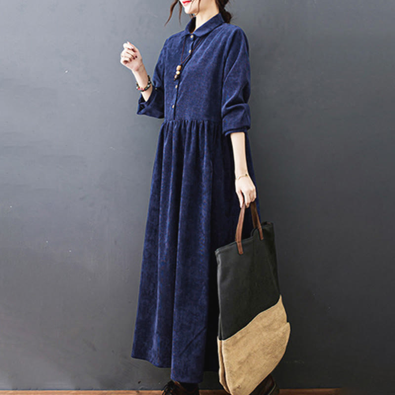 Vestido midi de pana de algodón de manga larga con diseño de Buddha Stones y bolsillos. - image 26