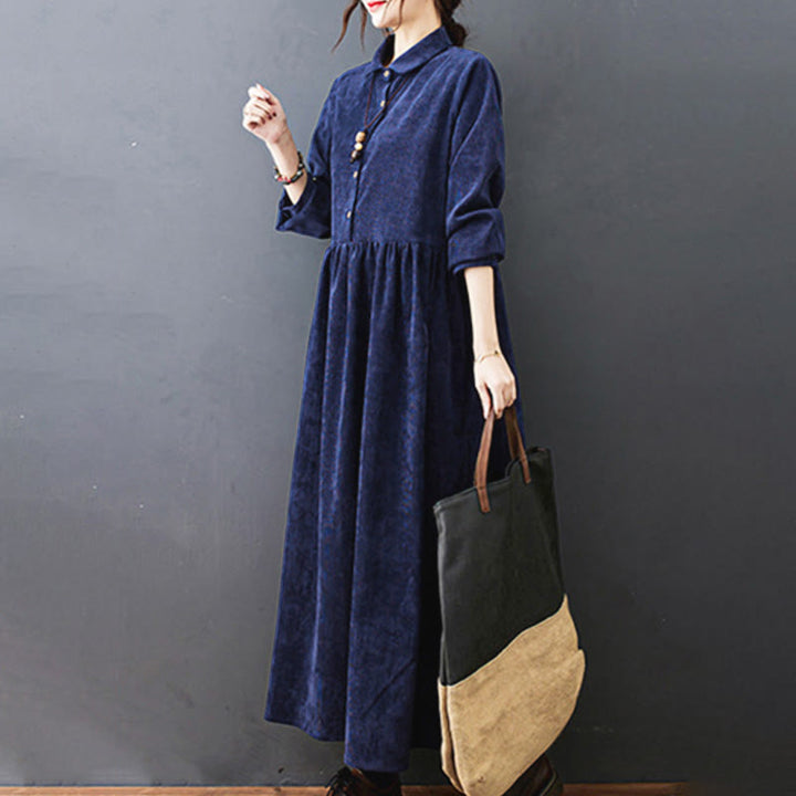 Vestido midi de pana de algodón de manga larga con diseño de Buddha Stones y bolsillos. - image 26