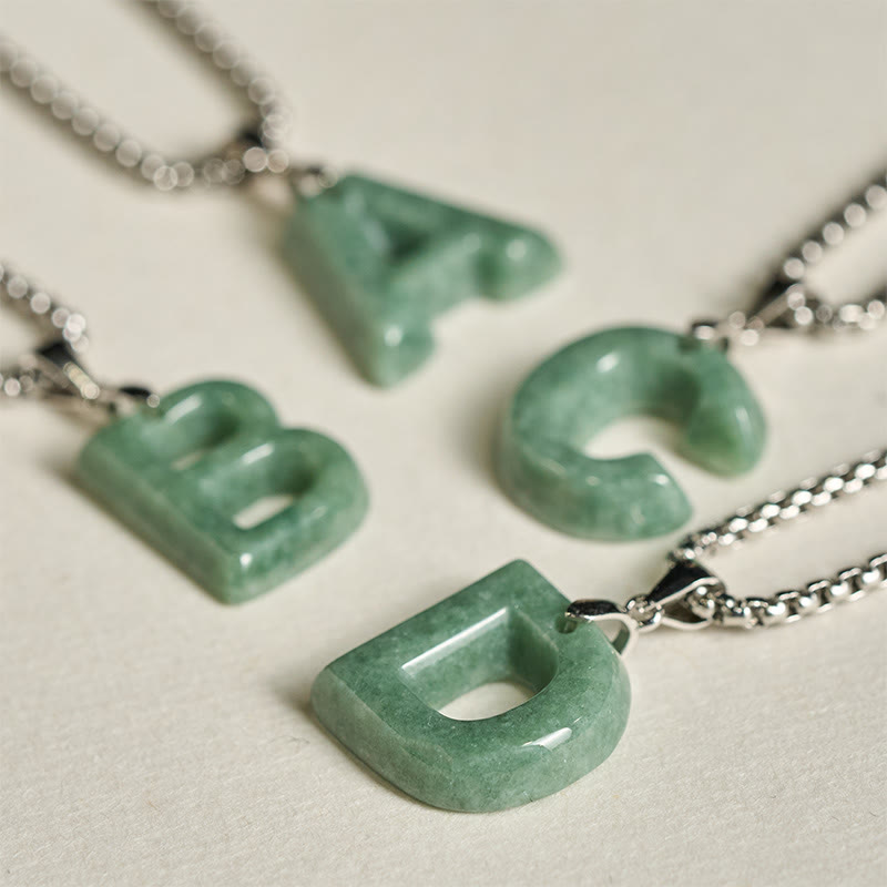 Collar con colgante de prosperidad de cadena ancha de acero de titanio y jade con letras AZ naturales de Buddha Stones - image 38