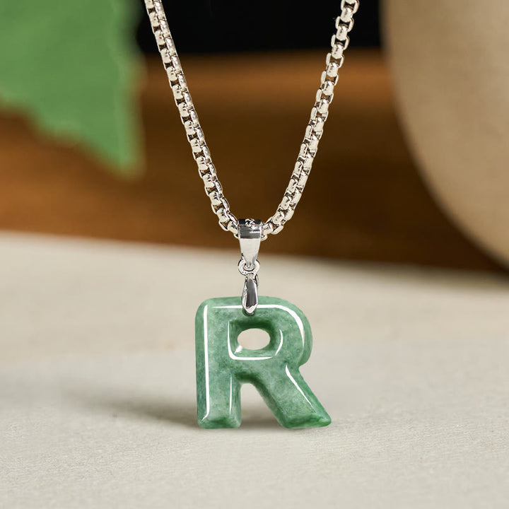 Collar con colgante de prosperidad de cadena ancha de acero de titanio y jade con letras AZ naturales de Buddha Stones - R - image 26