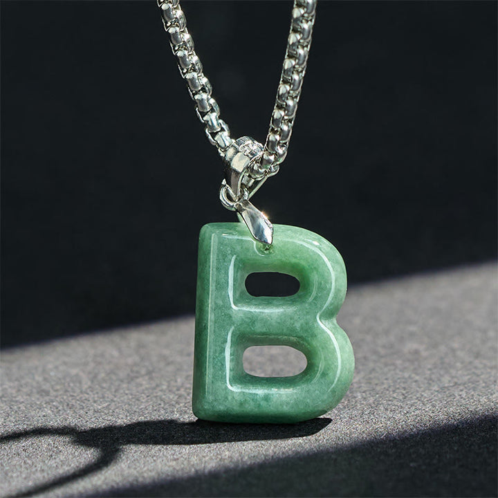 Collar con colgante de prosperidad de cadena ancha de acero de titanio y jade con letras AZ naturales de Buddha Stones - image 8