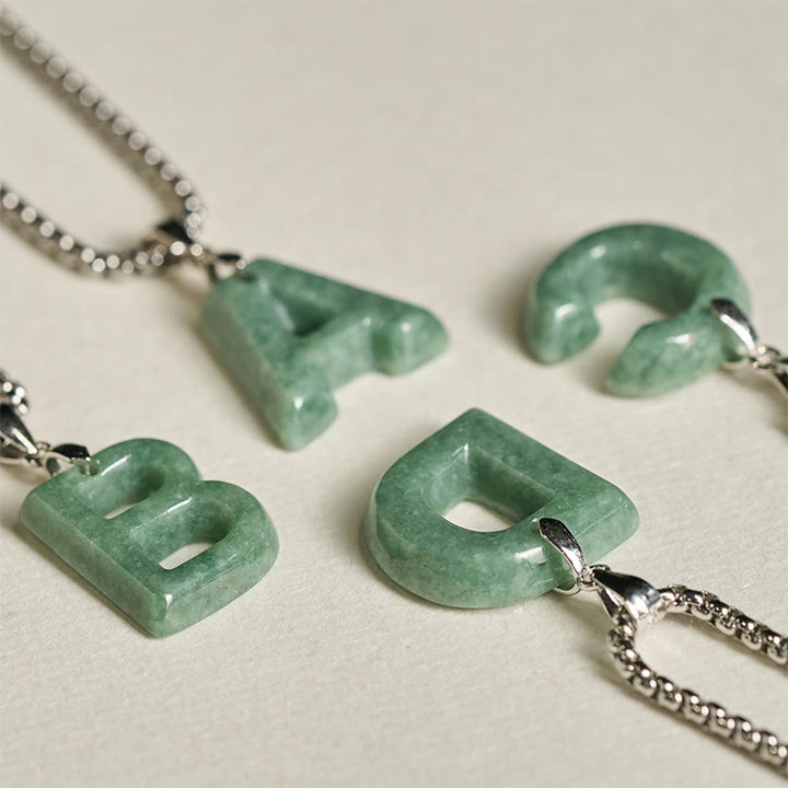 Collar con colgante de prosperidad de cadena ancha de acero de titanio y jade con letras AZ naturales de Buddha Stones - image 37