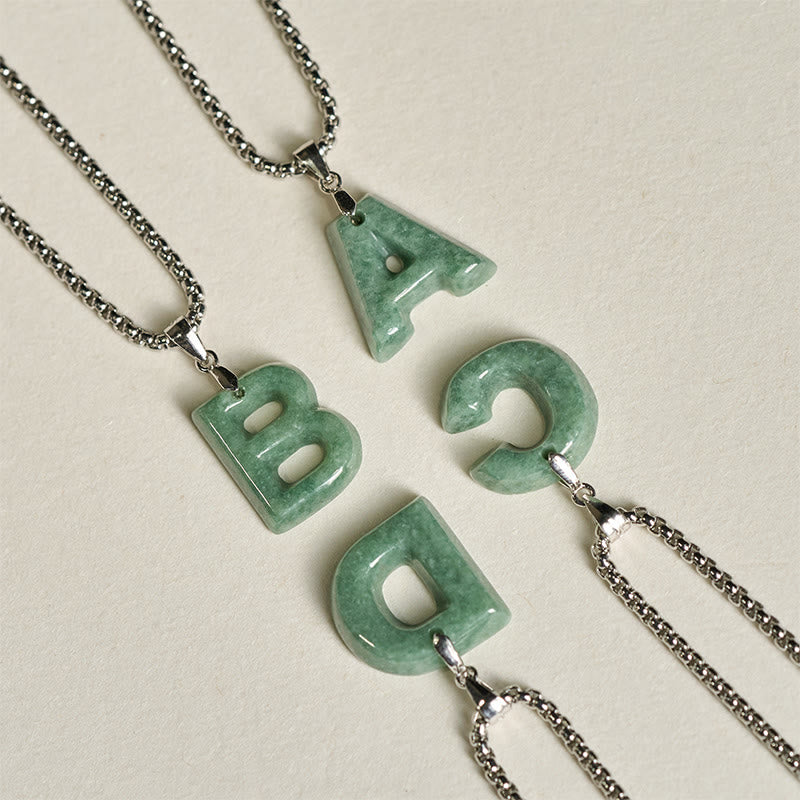 Collar con colgante de prosperidad de cadena ancha de acero de titanio y jade con letras AZ naturales de Buddha Stones - image 36