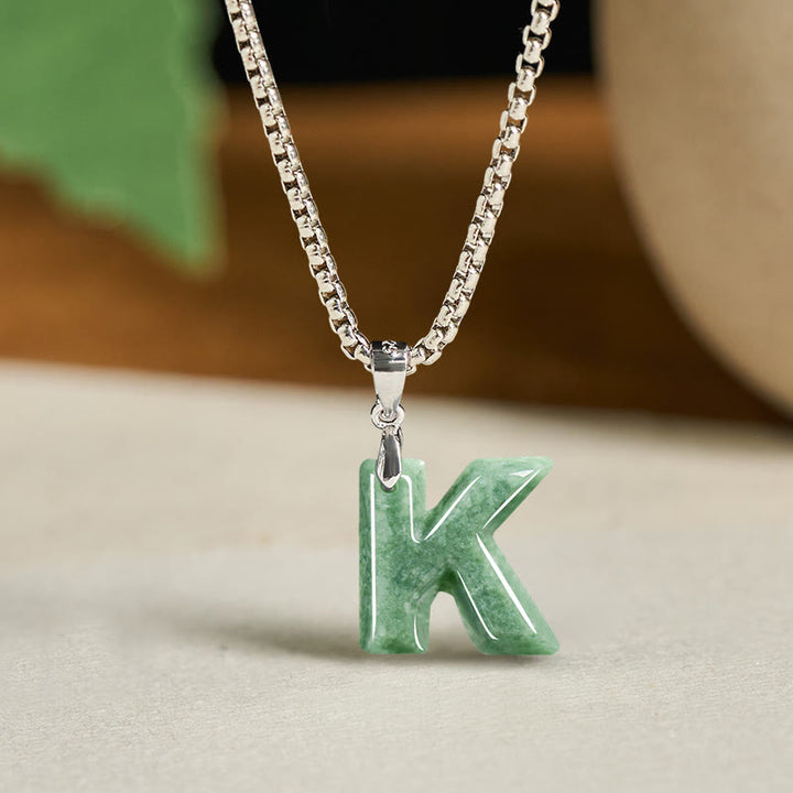 Collar con colgante de prosperidad de cadena ancha de acero de titanio y jade con letras AZ naturales de Buddha Stones - K - image 19