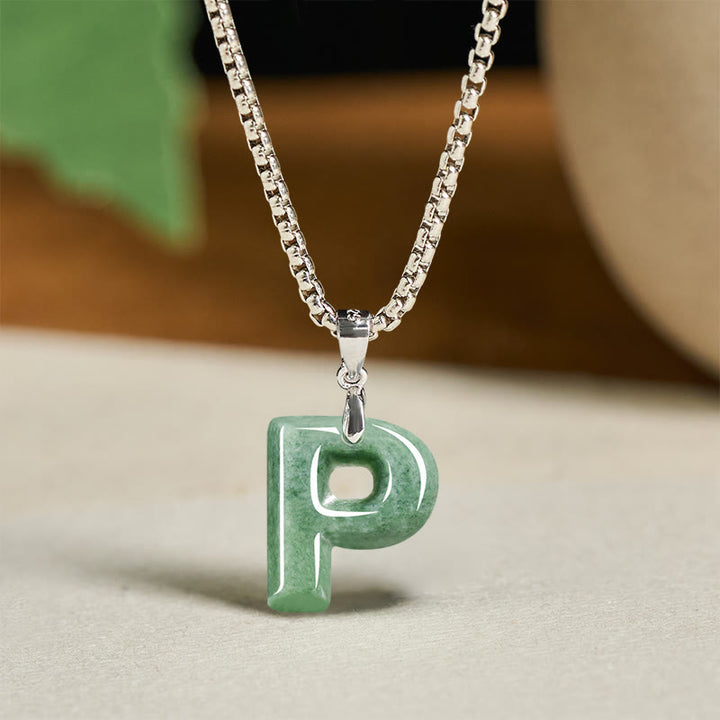 Collar con colgante de prosperidad de cadena ancha de acero de titanio y jade con letras AZ naturales de Buddha Stones - image 24