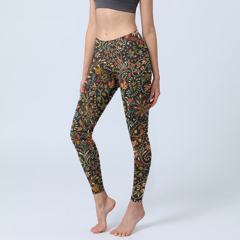 Leggings de yoga para mujer con estampado de hojas y flores intrincadas y Buddha Stones - Negro - US18，UK/AU22，EU50 (4XL) - image 0