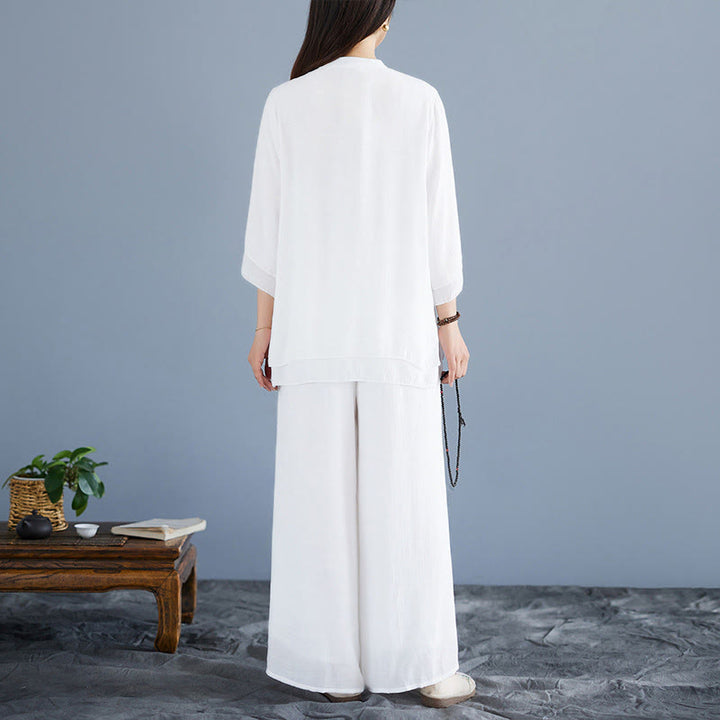 Conjunto de 2 piezas de camisa de manga tres cuartos con botones de rana, pantalones anchos y Buddha Stones para mujer, ropa de meditación zen - image 3