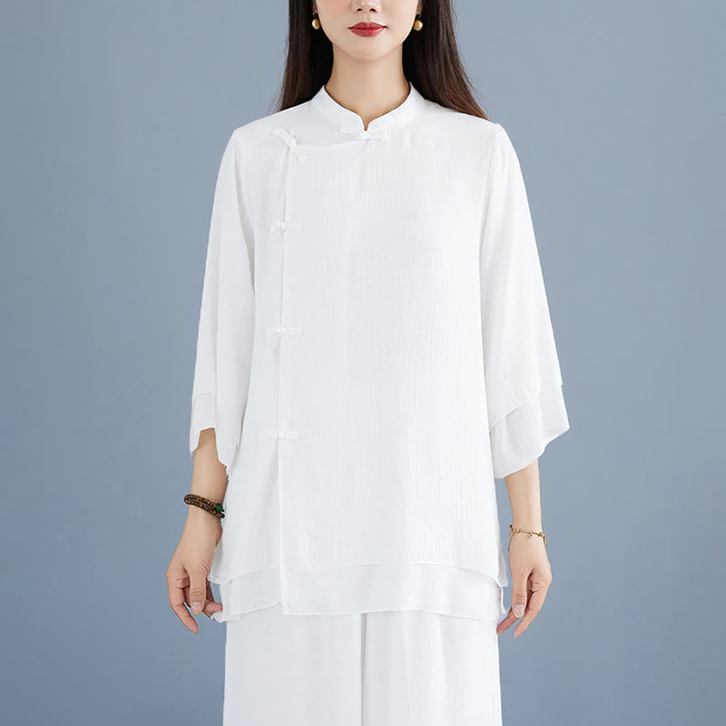 Conjunto de 2 piezas de camisa de manga tres cuartos con botones de rana, pantalones anchos y Buddha Stones para mujer, ropa de meditación zen - image 7