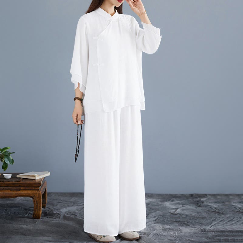Conjunto de 2 piezas de camisa de manga tres cuartos con botones de rana, pantalones anchos y Buddha Stones para mujer, ropa de meditación zen - image 1