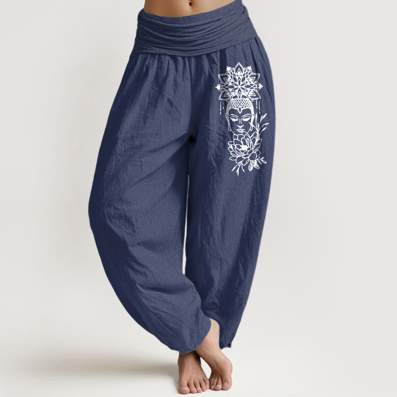 Pantalones Buddha Stones de algodón puro con imagen de Buda y estampado de loto para mujer, cintura elástica - Azul pizarra oscuro - US16，UK/AU20，EU48 (3XL) - image 0