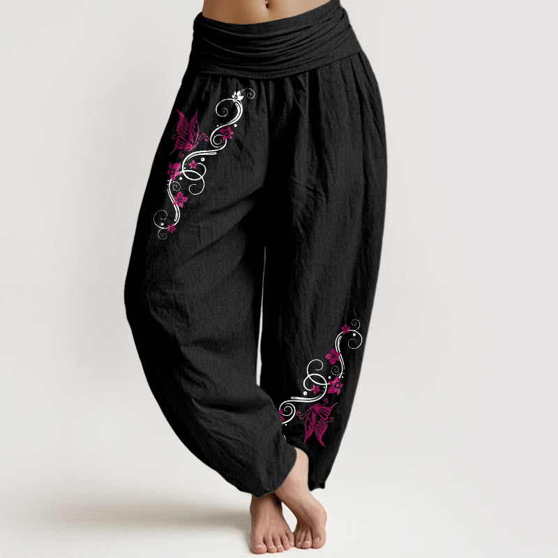 Pantalones Buddha Stones de algodón puro con estampado de mariposas y flores de colores suaves para mujer, con cintura elástica - Negro - US16，UK/AU20，EU48 (3XL) - image 0