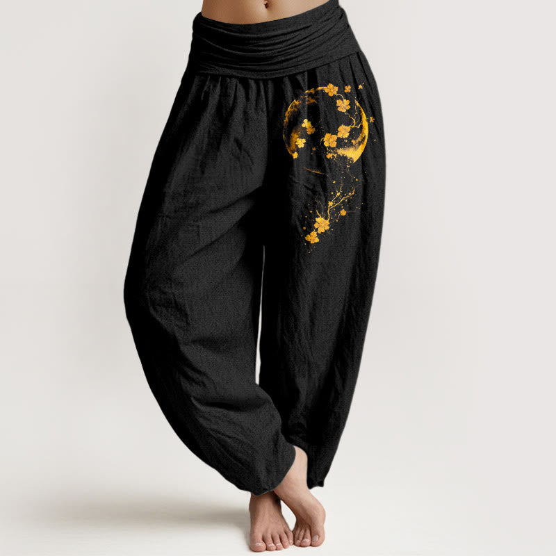 Pantalones Buddha Stones de algodón puro con estampado de flores de luna y enredadera de colores brillantes para mujer, con cintura elástica - Negro - US16，UK/AU20，EU48 (3XL) - image 0