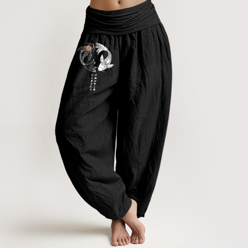 Pantalones harén de algodón puro con estampado de peces koi y Buddha Stones para mujer, cintura elástica - Negro - US16，UK/AU20，EU48 (3XL) - image 5