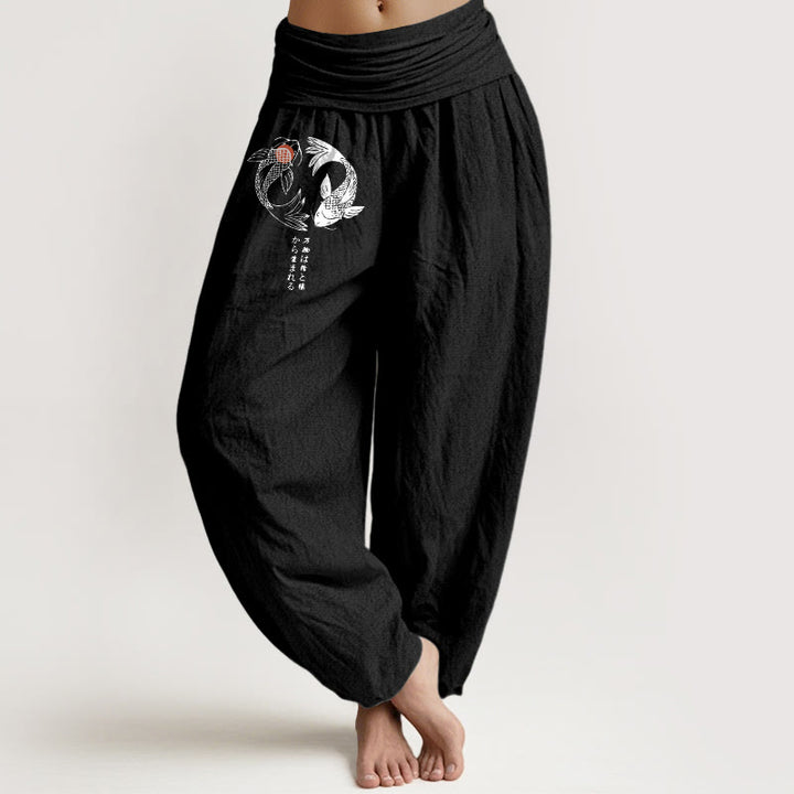 Pantalones harén de algodón puro con estampado de peces koi y Buddha Stones para mujer, cintura elástica - Negro - US16，UK/AU20，EU48 (3XL) - image 5