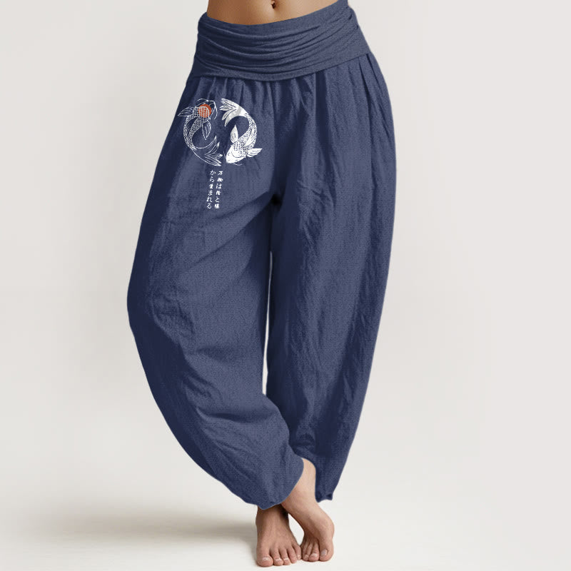 Pantalones harén de algodón puro con estampado de peces koi y Buddha Stones para mujer, cintura elástica - Azul pizarra oscuro - US16，UK/AU20，EU48 (3XL) - image 8