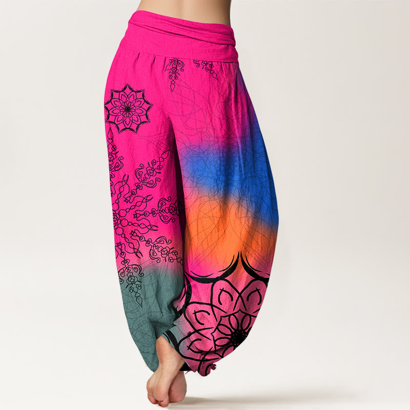 Pantalones harén de algodón con estampado de mandalas de colores brillantes y Buddha Stones para mujer, con cintura elástica - image 1