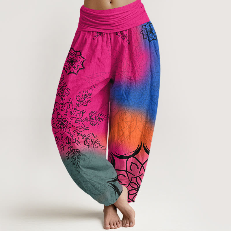 Pantalones harén de algodón con estampado de mandalas de colores brillantes y Buddha Stones para mujer, con cintura elástica - Rosa intenso - US16，UK/AU20，EU48 (3XL) - image 0