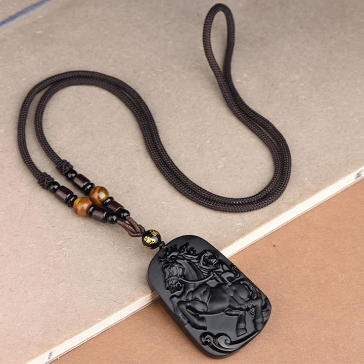 Collar con colgante de purificación de obsidiana negra con diseño de mono y caballo con Buddha Stones - image 11