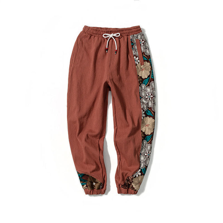 Pantalones de algodón con estampado floral bordado de Buddha Stones Spring para hombre con bolsillos - image 13