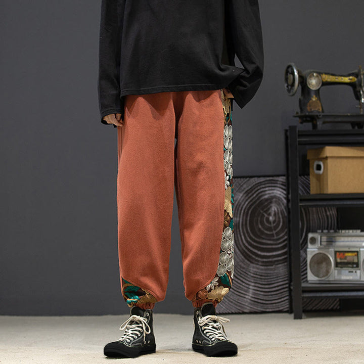 Pantalones de algodón con estampado floral bordado de Buddha Stones Spring para hombre con bolsillos - image 6