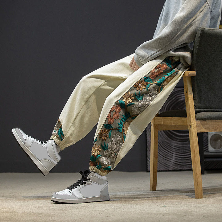 Pantalones de algodón con estampado floral bordado de Buddha Stones Spring para hombre con bolsillos - image 24